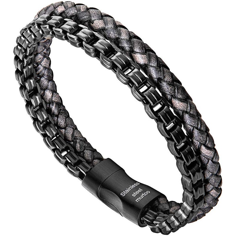 murtoo Mens Bracelet Leather and Steel, Stainless Steel Chain and Leather Bracelets for Men (Black-grey, 9.25") - Image 1
